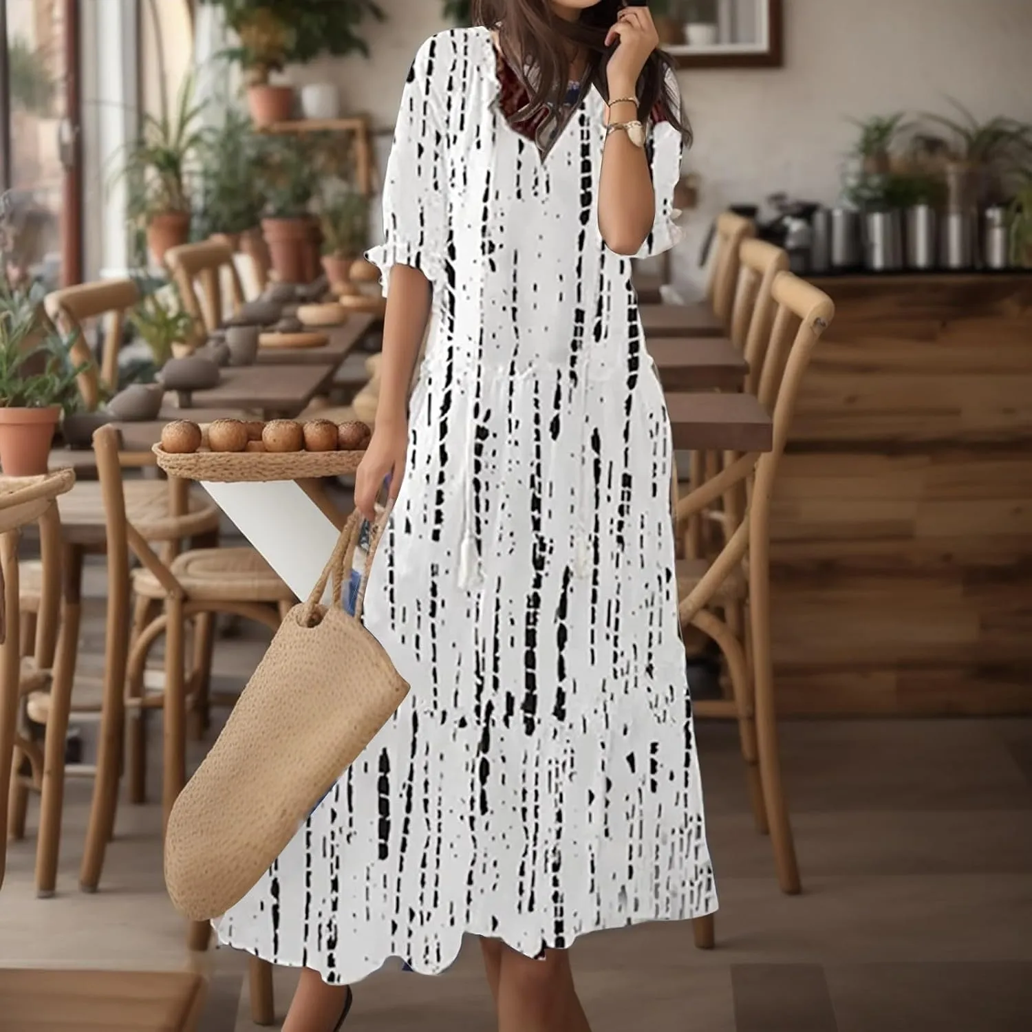 Summer Dresses for Women 2025 Casual Half Sleeve V Neck Boho Maxi Dress Plus Size Loose Flowy Beach Long Sundress