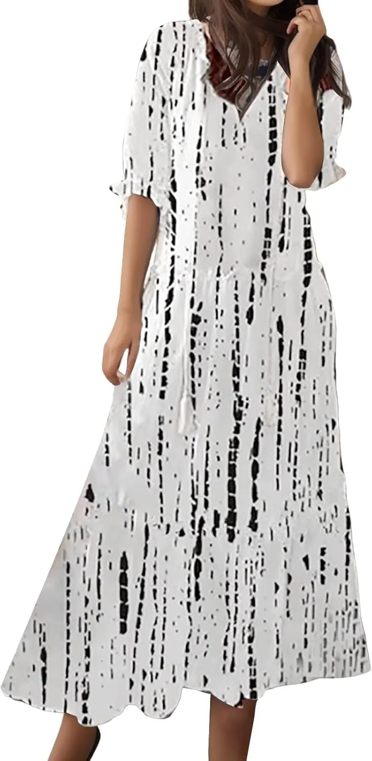 Summer Dresses for Women 2025 Casual Half Sleeve V Neck Boho Maxi Dress Plus Size Loose Flowy Beach Long Sundress