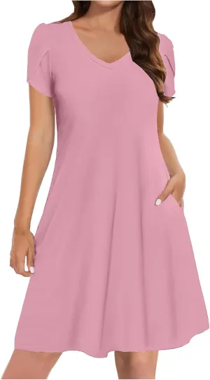 Summer Dresses for Women 2025 Casual Petal Sleeve Tshirt Dress Flowy Beach Swing Sundresses Hawaiian Vacation Outfits