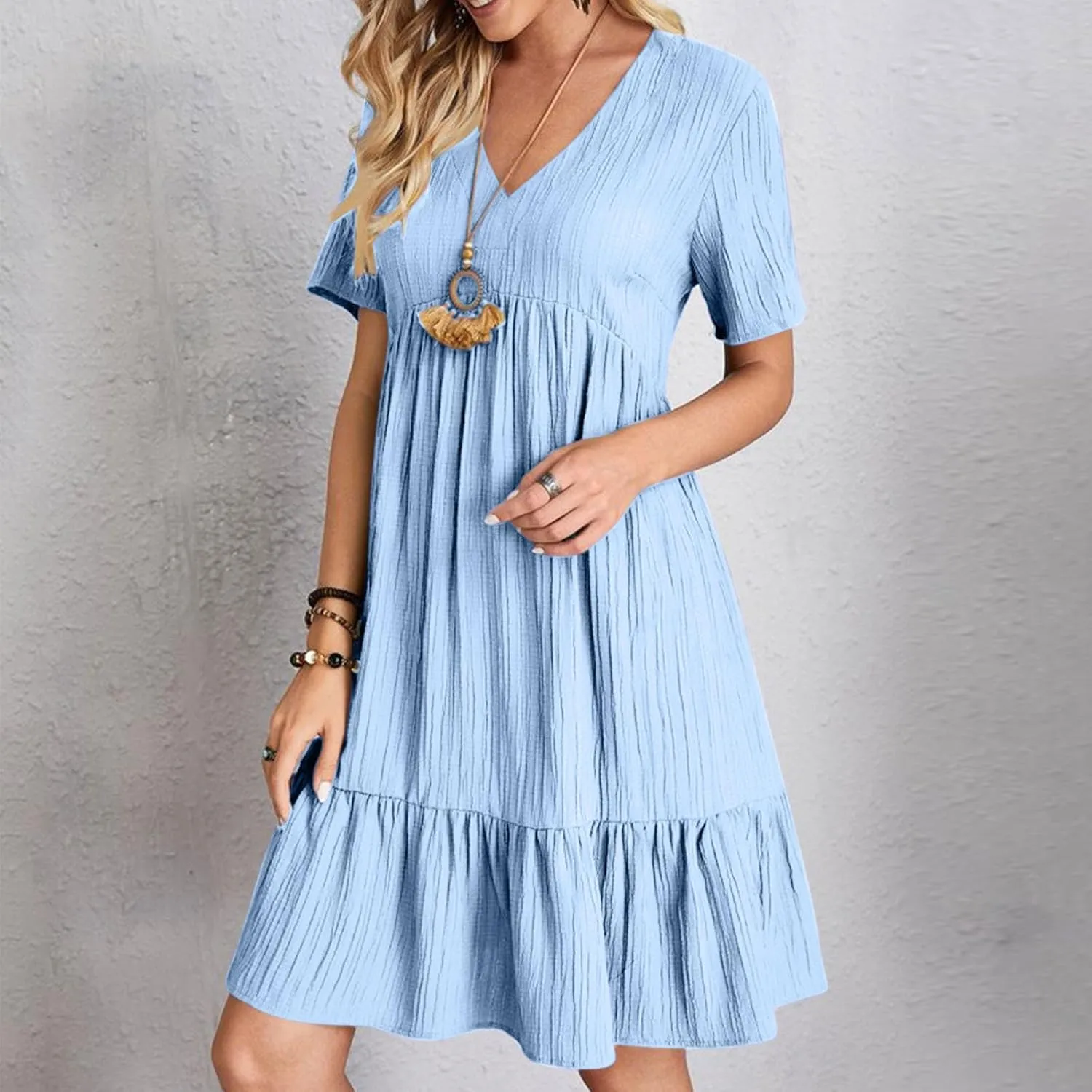 Summer Dresses for Women 2025 Casual V-Neck Short Sleeve Womens Dresses Fashion Swing Flowy Tiered Ruffle Beach Dress
