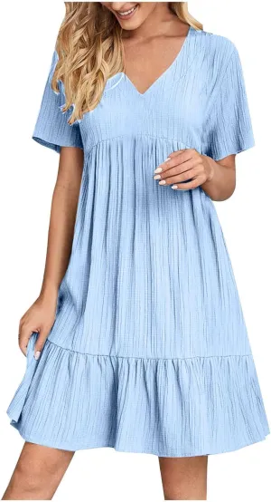 Summer Dresses for Women 2025 Casual V-Neck Short Sleeve Womens Dresses Fashion Swing Flowy Tiered Ruffle Beach Dress