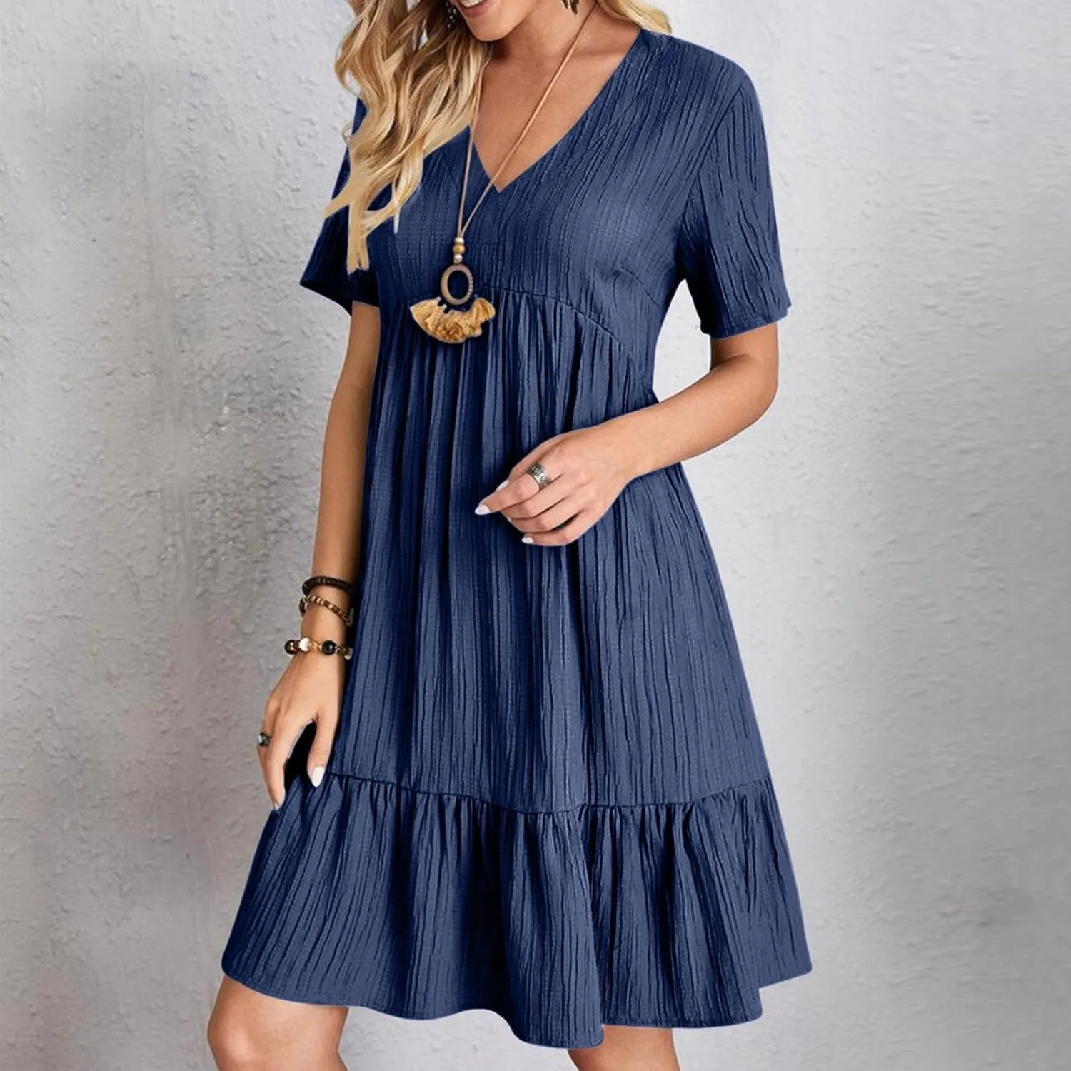 Summer Dresses for Women 2025 Casual V-Neck Short Sleeve Womens Dresses Fashion Swing Flowy Tiered Ruffle Beach Dress