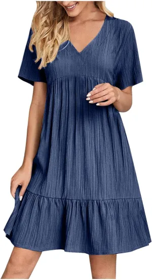 Summer Dresses for Women 2025 Casual V-Neck Short Sleeve Womens Dresses Fashion Swing Flowy Tiered Ruffle Beach Dress