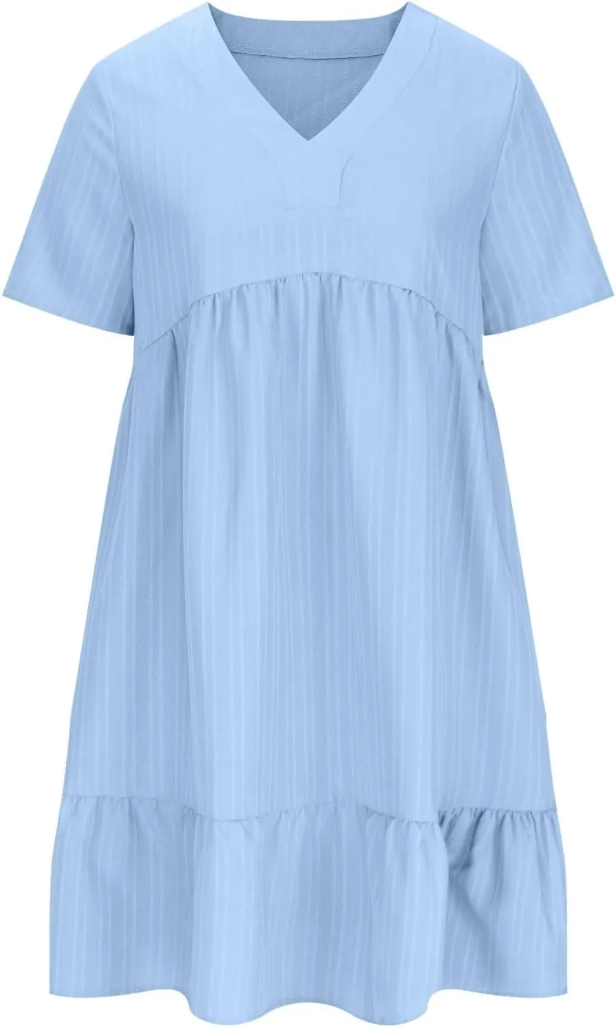 Summer Dresses for Women 2025 Casual V-Neck Short Sleeve Womens Dresses Fashion Swing Flowy Tiered Ruffle Beach Dress