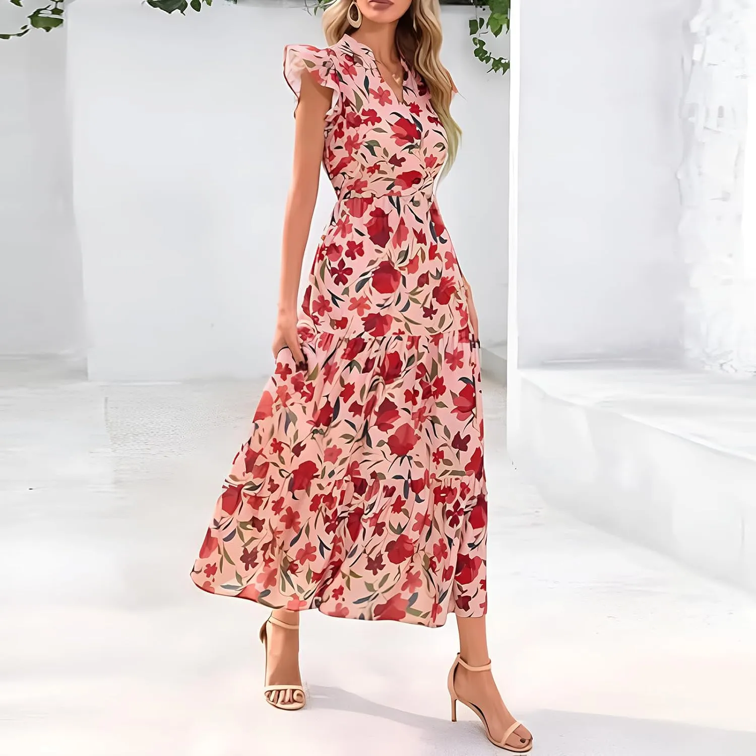 Summer Dresses for Women 2025 Floral Maxi Dress Cap Sleeve V Neck Ruffle Flowy Dresses Boho Beach Vacation Sundress