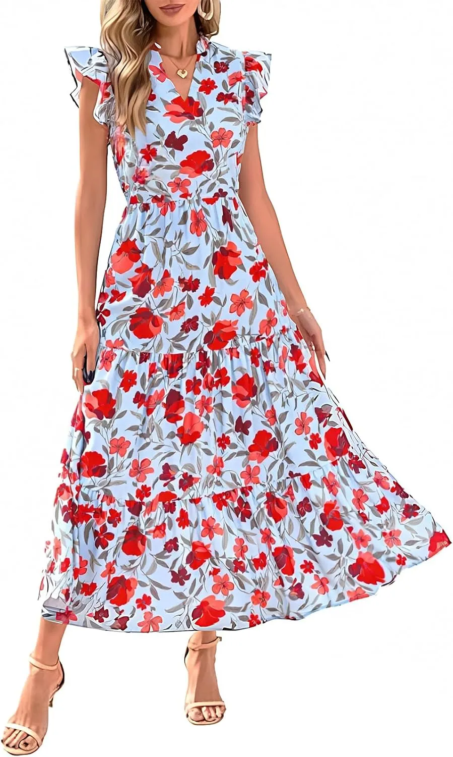 Summer Dresses for Women 2025 Floral Maxi Dress Cap Sleeve V Neck Ruffle Flowy Dresses Boho Beach Vacation Sundress
