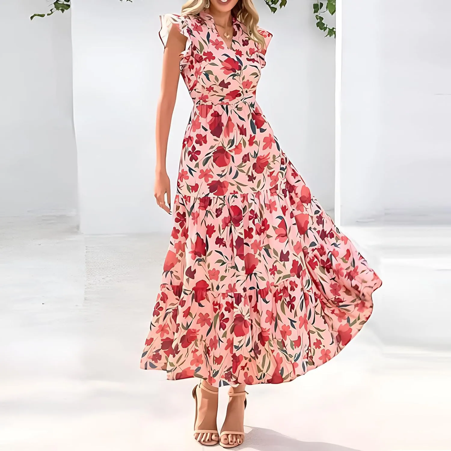 Summer Dresses for Women 2025 Floral Maxi Dress Cap Sleeve V Neck Ruffle Flowy Dresses Boho Beach Vacation Sundress