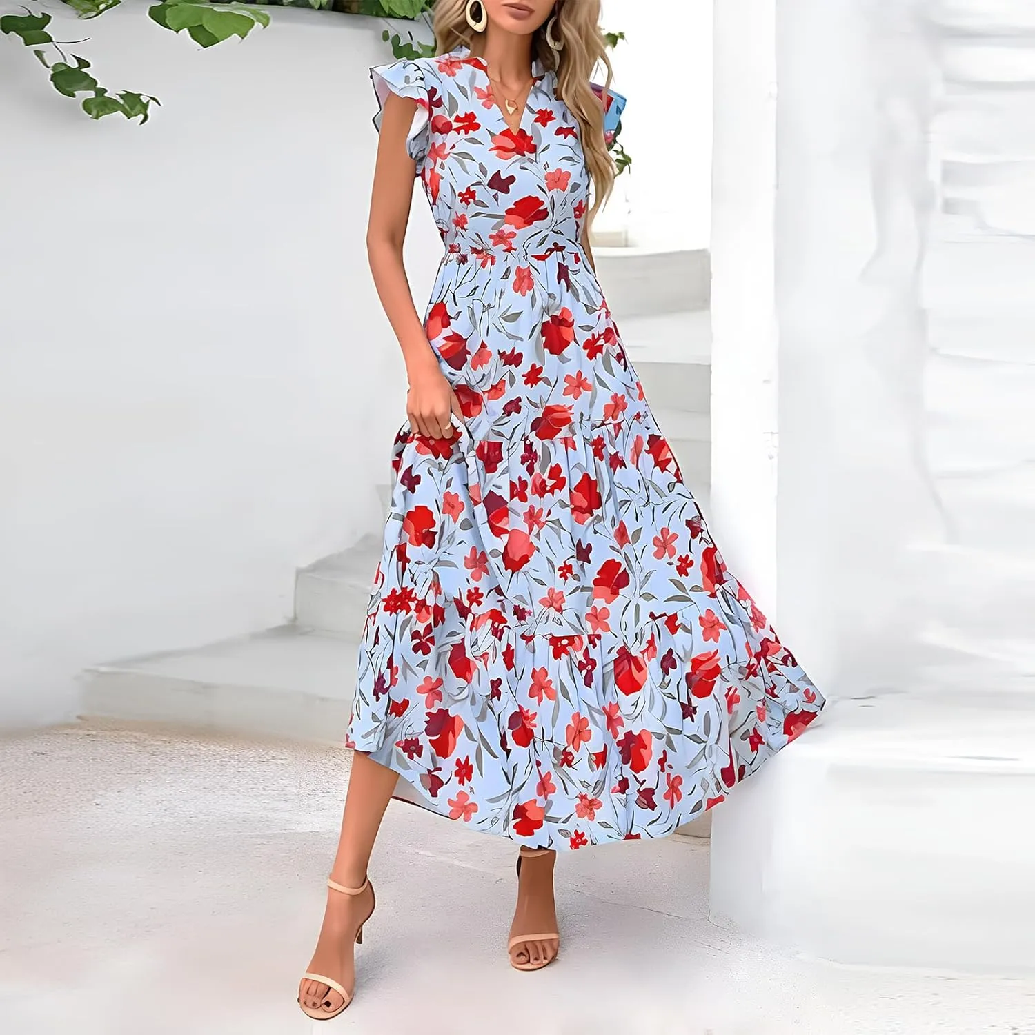 Summer Dresses for Women 2025 Floral Maxi Dress Cap Sleeve V Neck Ruffle Flowy Dresses Boho Beach Vacation Sundress