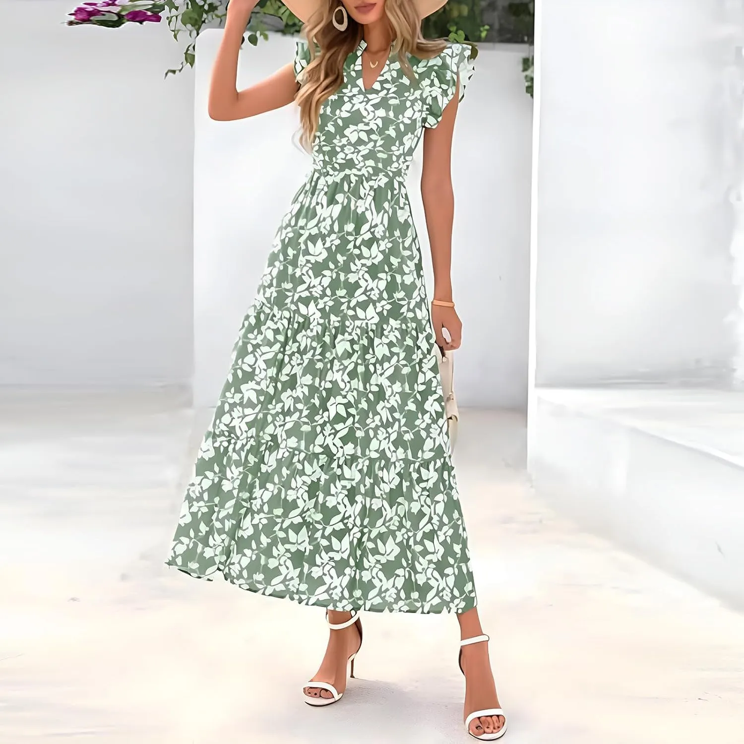 Summer Dresses for Women 2025 Floral Maxi Dress Cap Sleeve V Neck Ruffle Flowy Dresses Boho Beach Vacation Sundress