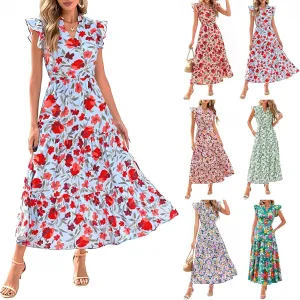 Summer Dresses for Women 2025 Floral Maxi Dress Cap Sleeve V Neck Ruffle Flowy Dresses Boho Beach Vacation Sundress