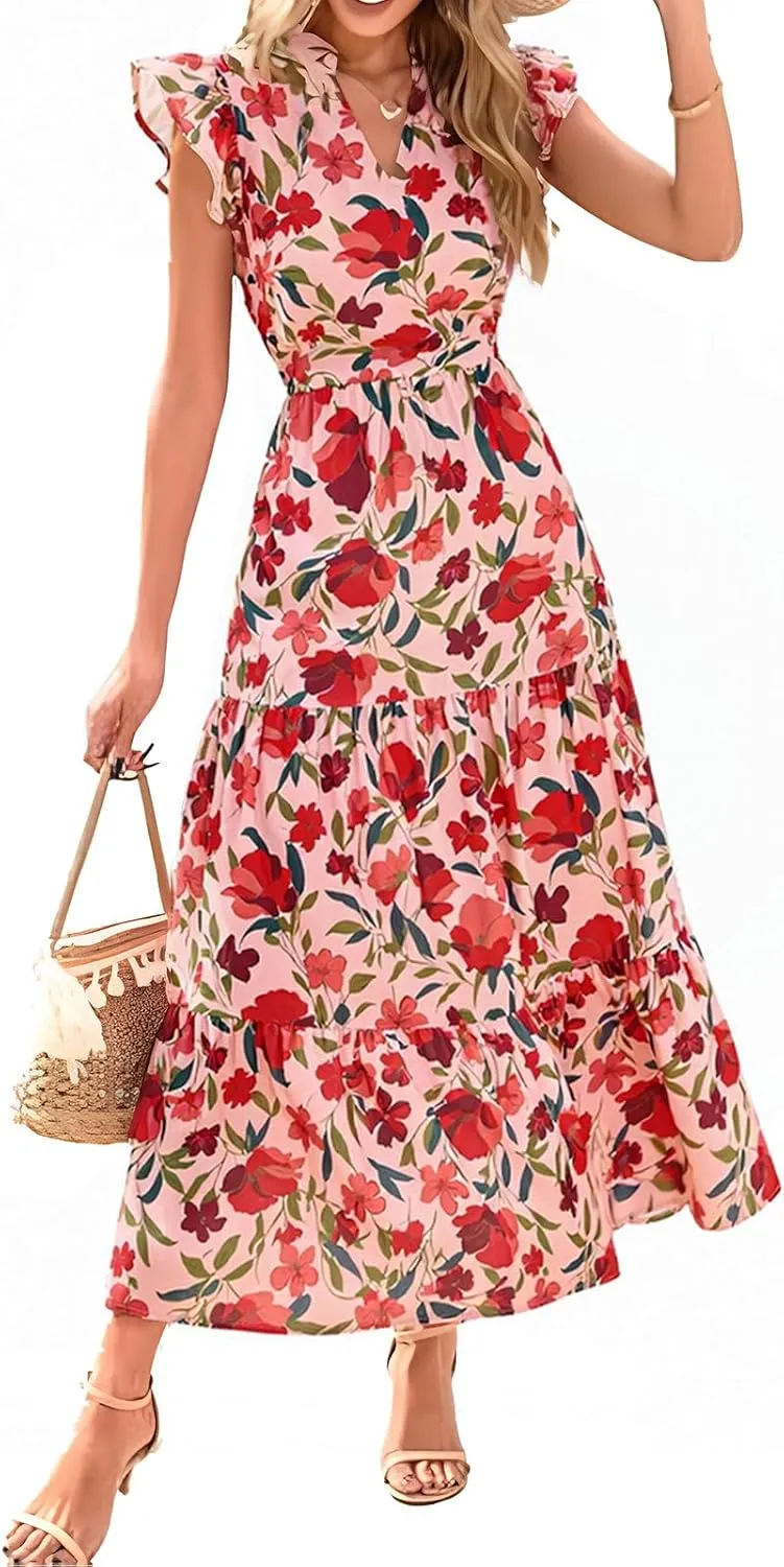 Summer Dresses for Women 2025 Floral Maxi Dress Cap Sleeve V Neck Ruffle Flowy Dresses Boho Beach Vacation Sundress