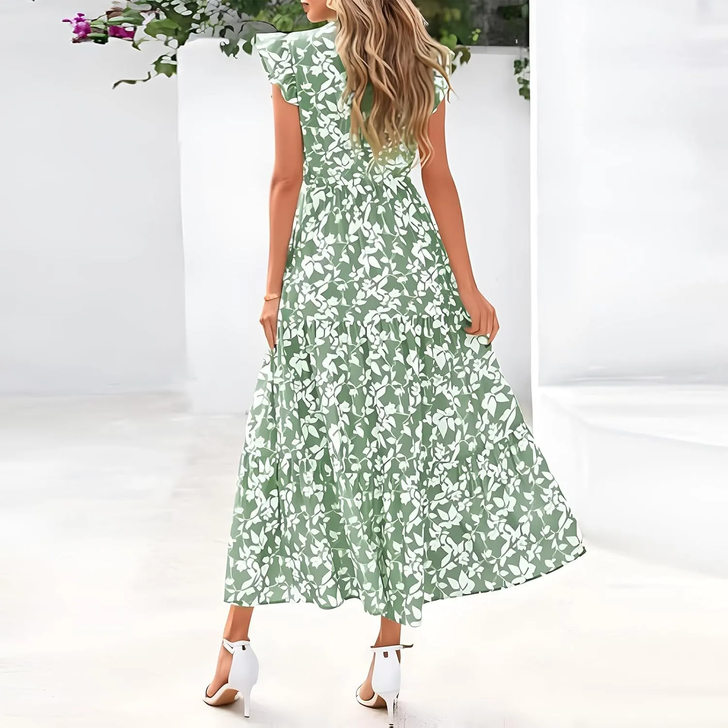 Summer Dresses for Women 2025 Floral Maxi Dress Cap Sleeve V Neck Ruffle Flowy Dresses Boho Beach Vacation Sundress