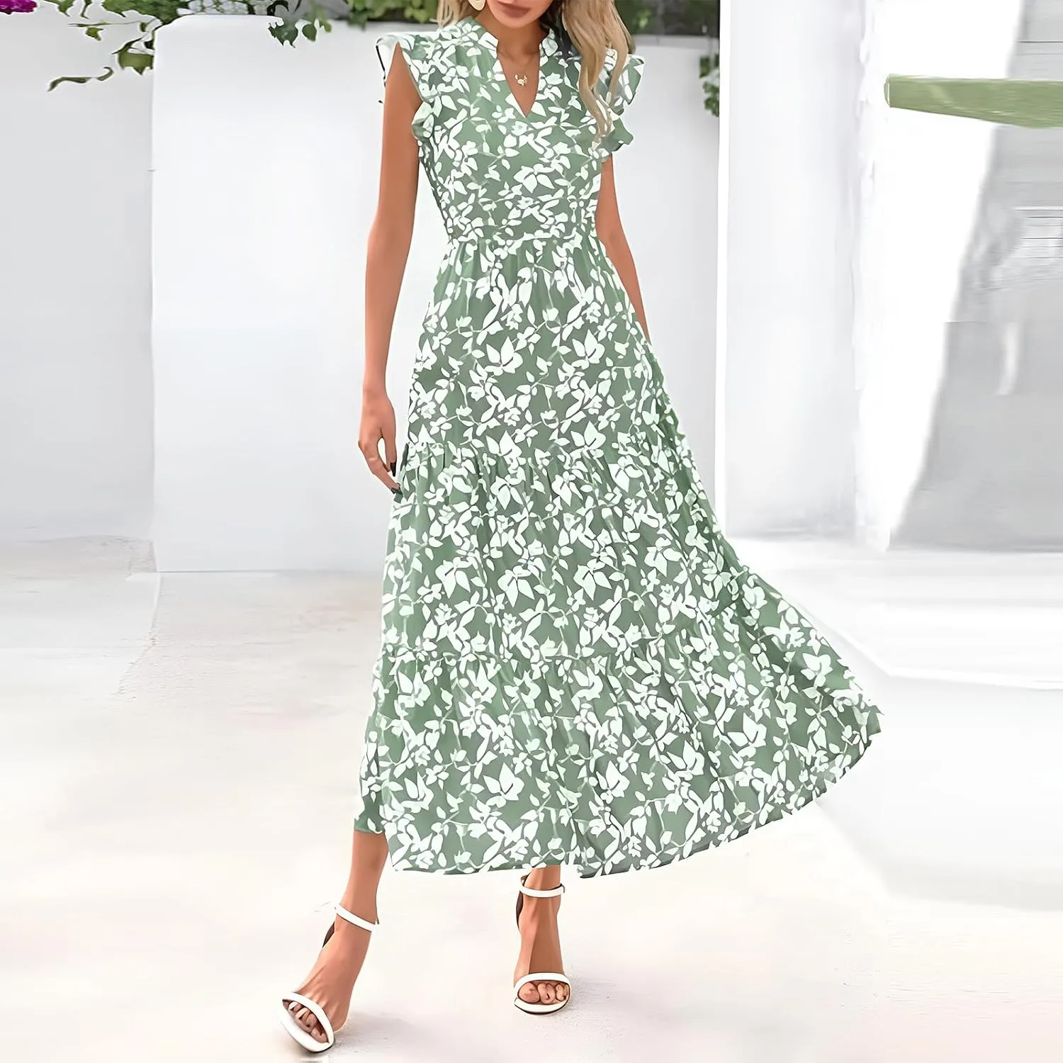 Summer Dresses for Women 2025 Floral Maxi Dress Cap Sleeve V Neck Ruffle Flowy Dresses Boho Beach Vacation Sundress