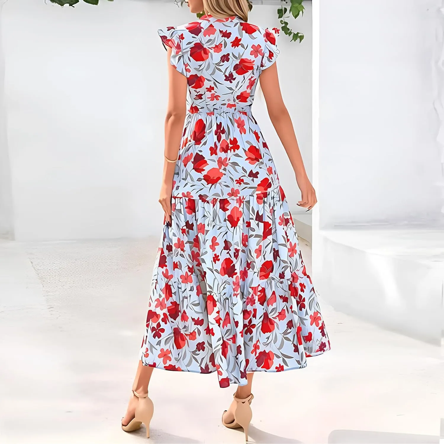 Summer Dresses for Women 2025 Floral Maxi Dress Cap Sleeve V Neck Ruffle Flowy Dresses Boho Beach Vacation Sundress