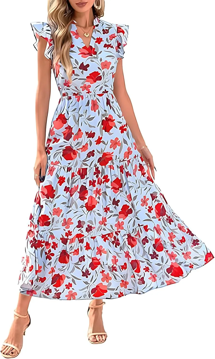 Summer Dresses for Women 2025 Floral Maxi Dress Cap Sleeve V Neck Ruffle Flowy Dresses Boho Beach Vacation Sundress