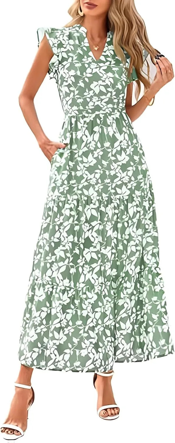 Summer Dresses for Women 2025 Floral Maxi Dress Cap Sleeve V Neck Ruffle Flowy Dresses Boho Beach Vacation Sundress