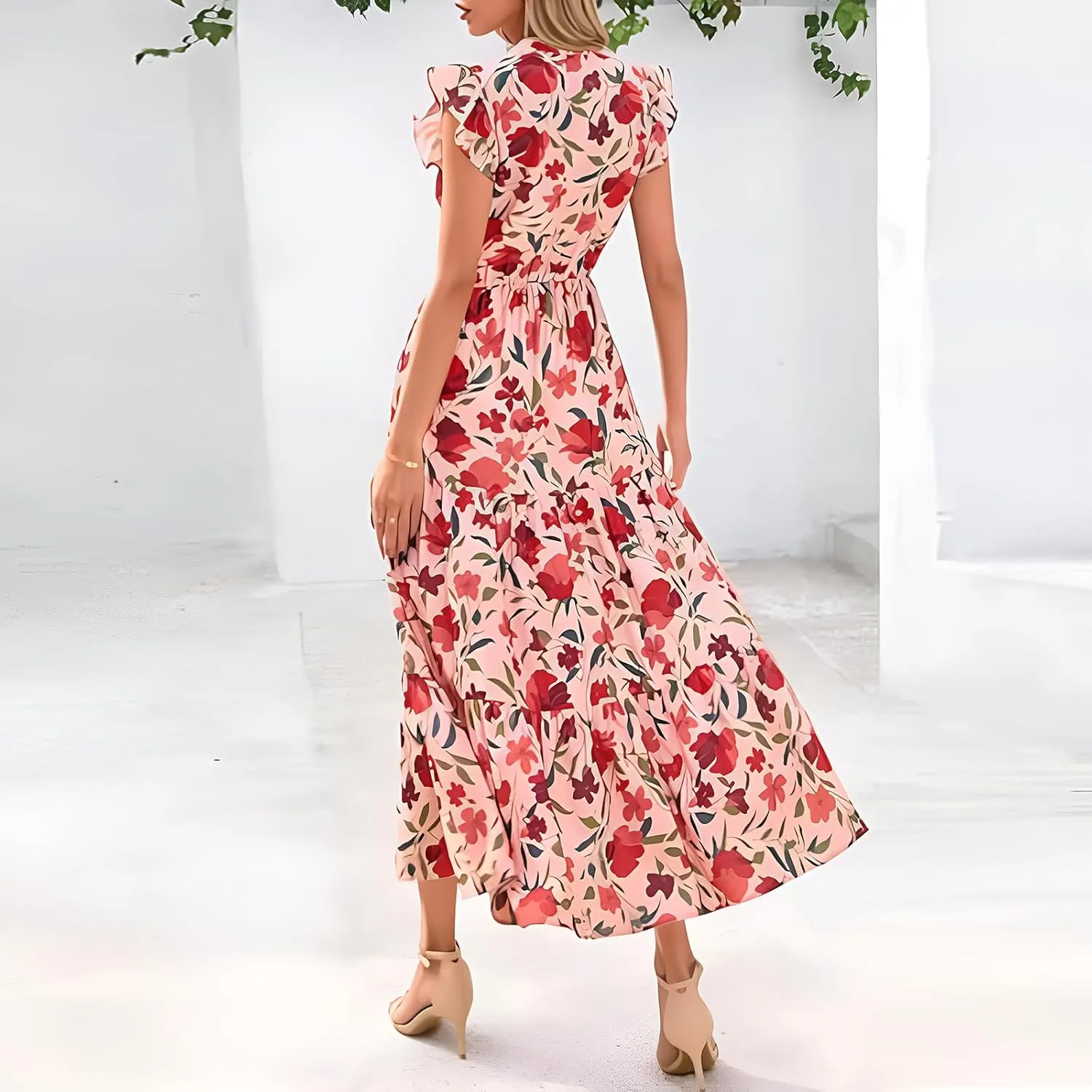 Summer Dresses for Women 2025 Floral Maxi Dress Cap Sleeve V Neck Ruffle Flowy Dresses Boho Beach Vacation Sundress