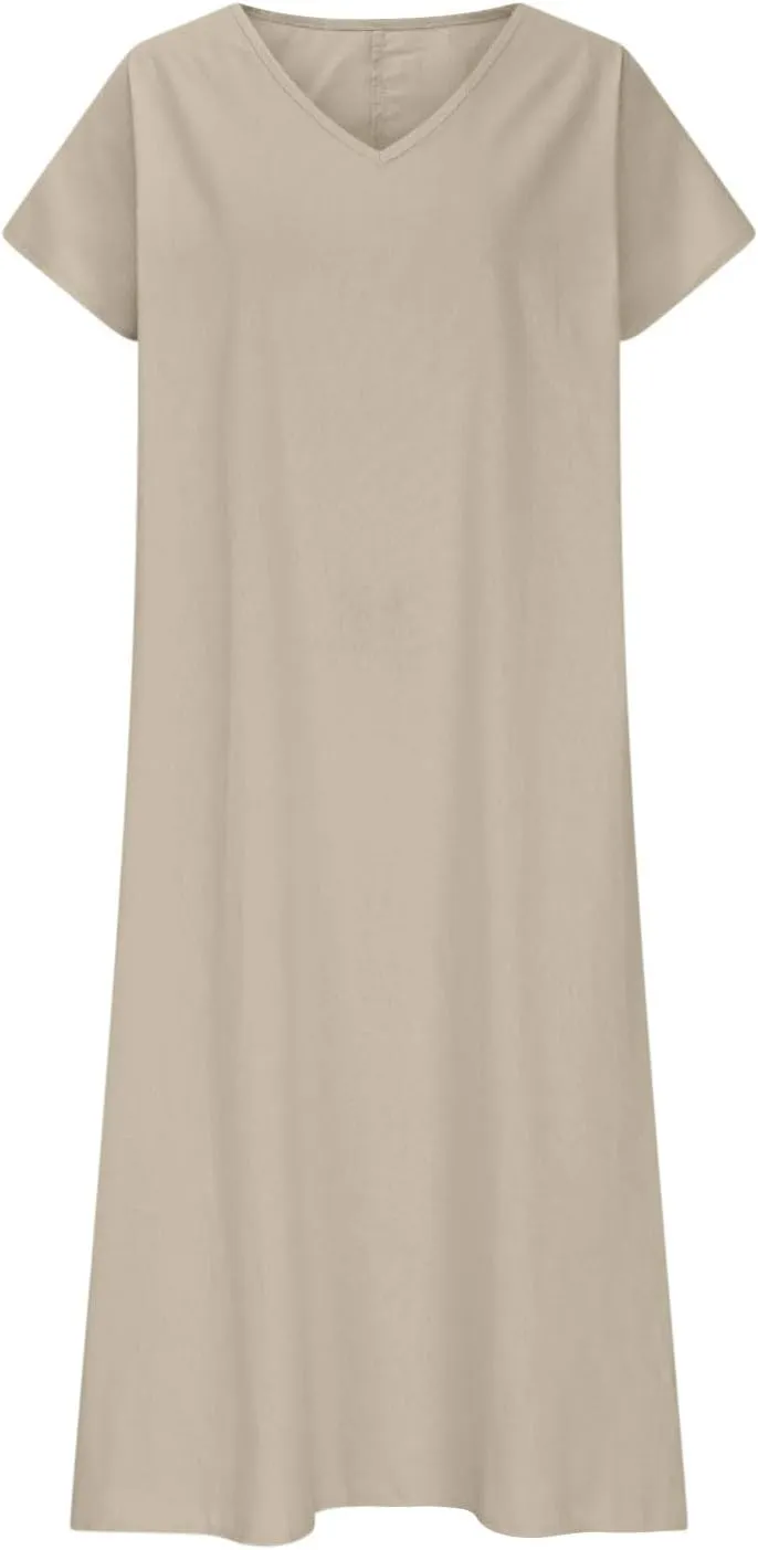 Summer Dresses for Women 2025 Linen V Neck Dress Casual Short Sleeve Dresses Flowy Beach Maxi Dress