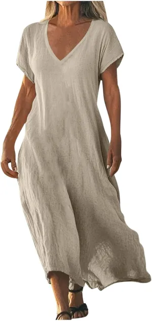 Summer Dresses for Women 2025 Linen V Neck Dress Casual Short Sleeve Dresses Flowy Beach Maxi Dress
