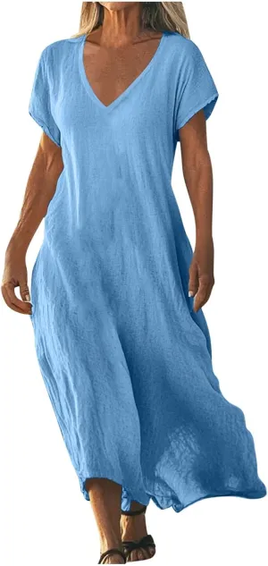 Summer Dresses for Women 2025 Linen V Neck Dress Casual Short Sleeve Dresses Flowy Beach Maxi Dress