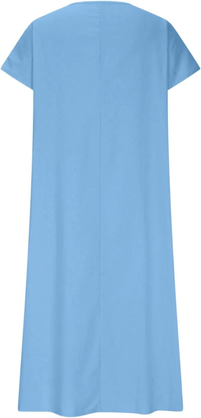 Summer Dresses for Women 2025 Linen V Neck Dress Casual Short Sleeve Dresses Flowy Beach Maxi Dress