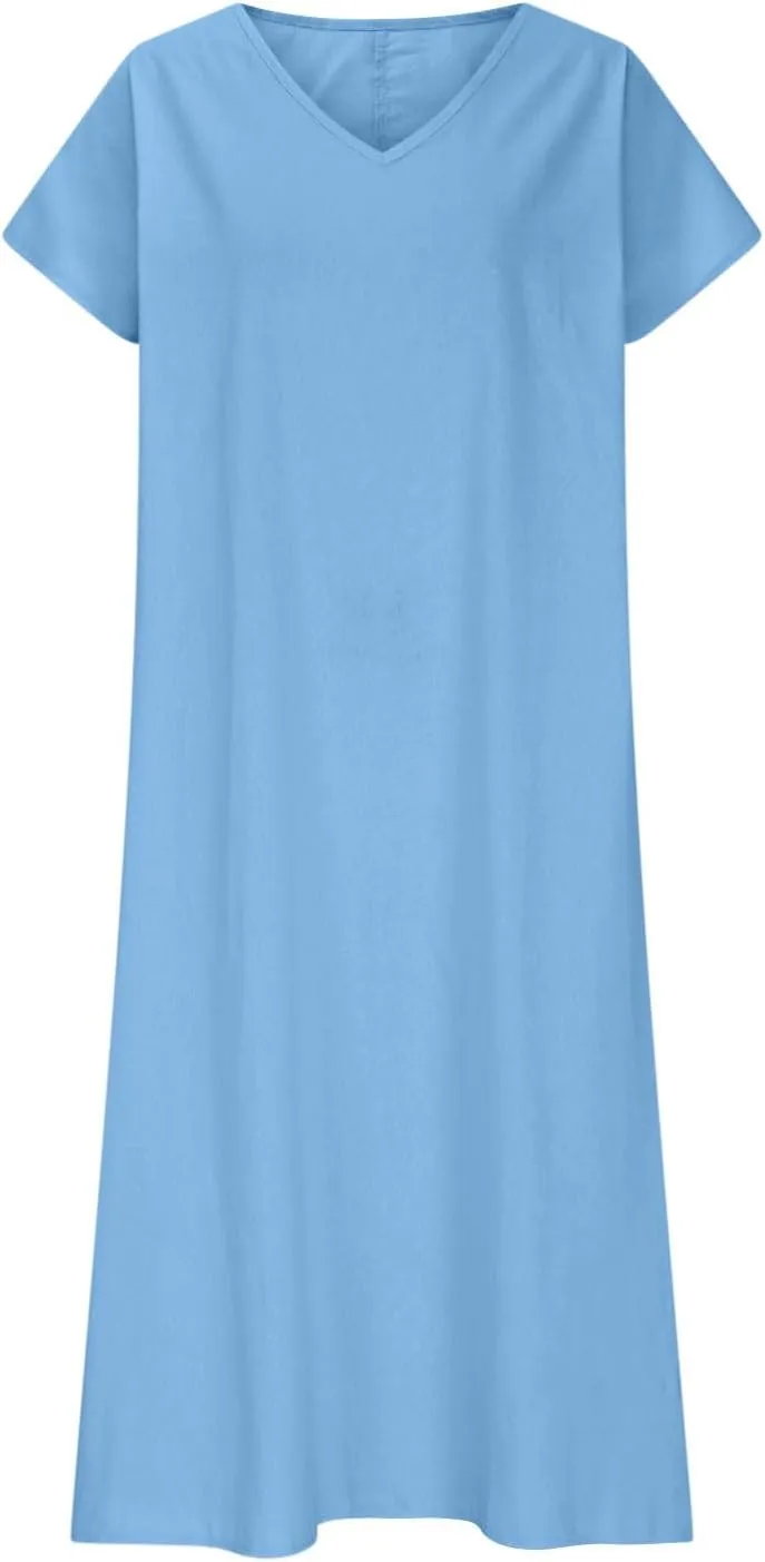 Summer Dresses for Women 2025 Linen V Neck Dress Casual Short Sleeve Dresses Flowy Beach Maxi Dress