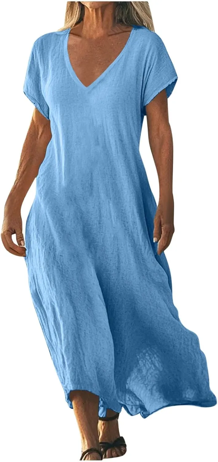 Summer Dresses for Women 2025 Linen V Neck Dress Casual Short Sleeve Dresses Flowy Beach Maxi Dress