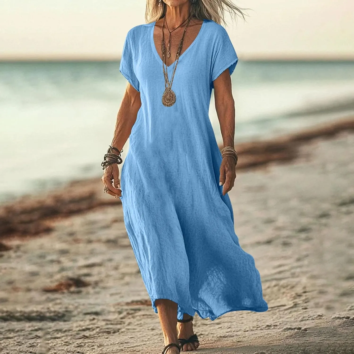 Summer Dresses for Women 2025 Linen V Neck Dress Casual Short Sleeve Dresses Flowy Beach Maxi Dress