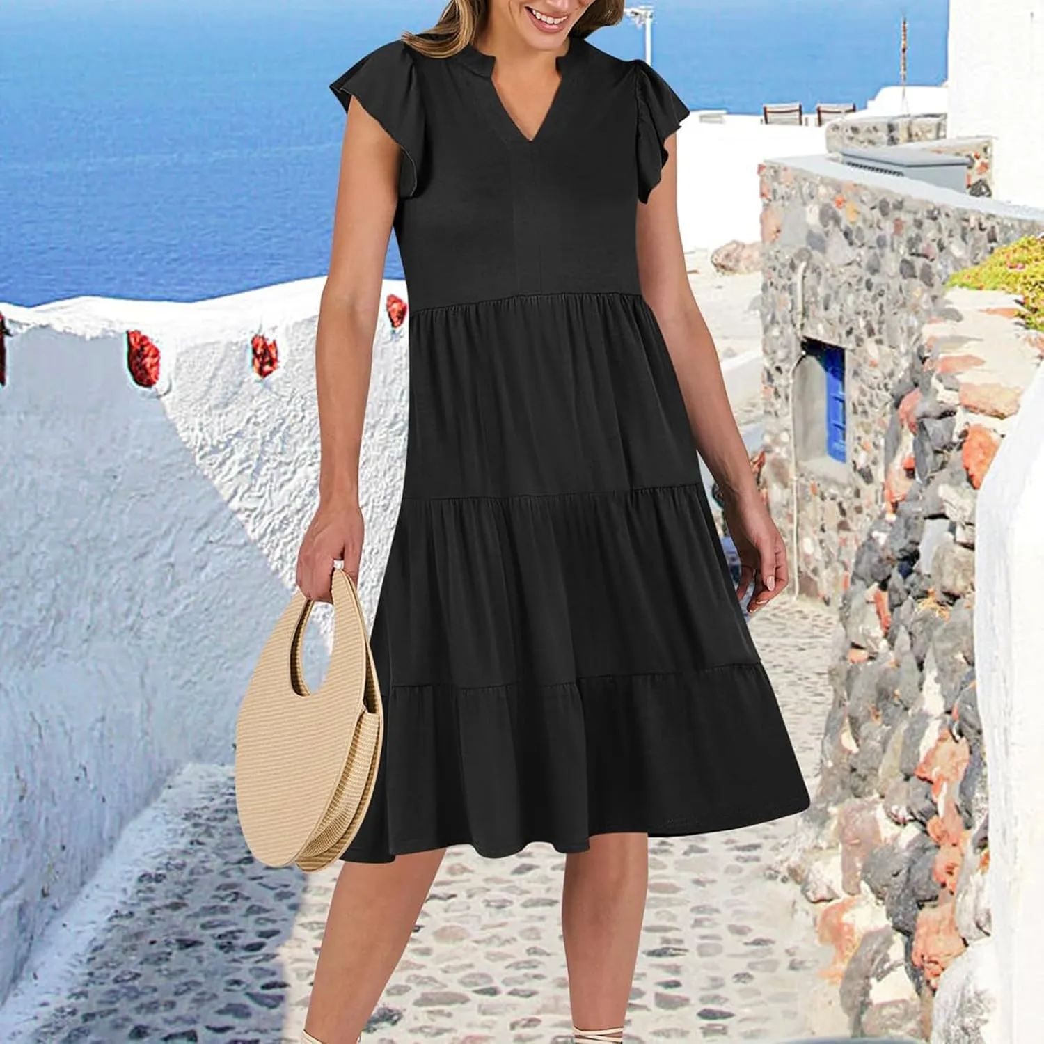 Summer Dresses for Women 2025 Ruffle Sleeve V-Neck Layered A-Line Midi Wedding Guest Boho Beach Vacation Sundresses