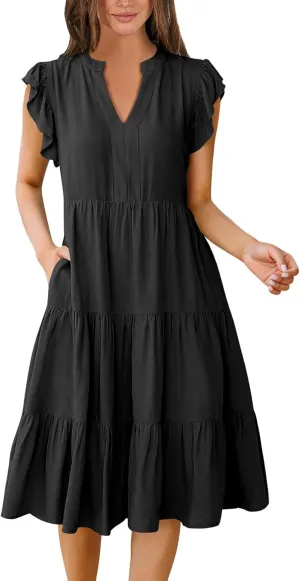 Summer Dresses for Women 2025 Ruffle Sleeve V-Neck Layered A-Line Midi Wedding Guest Boho Beach Vacation Sundresses