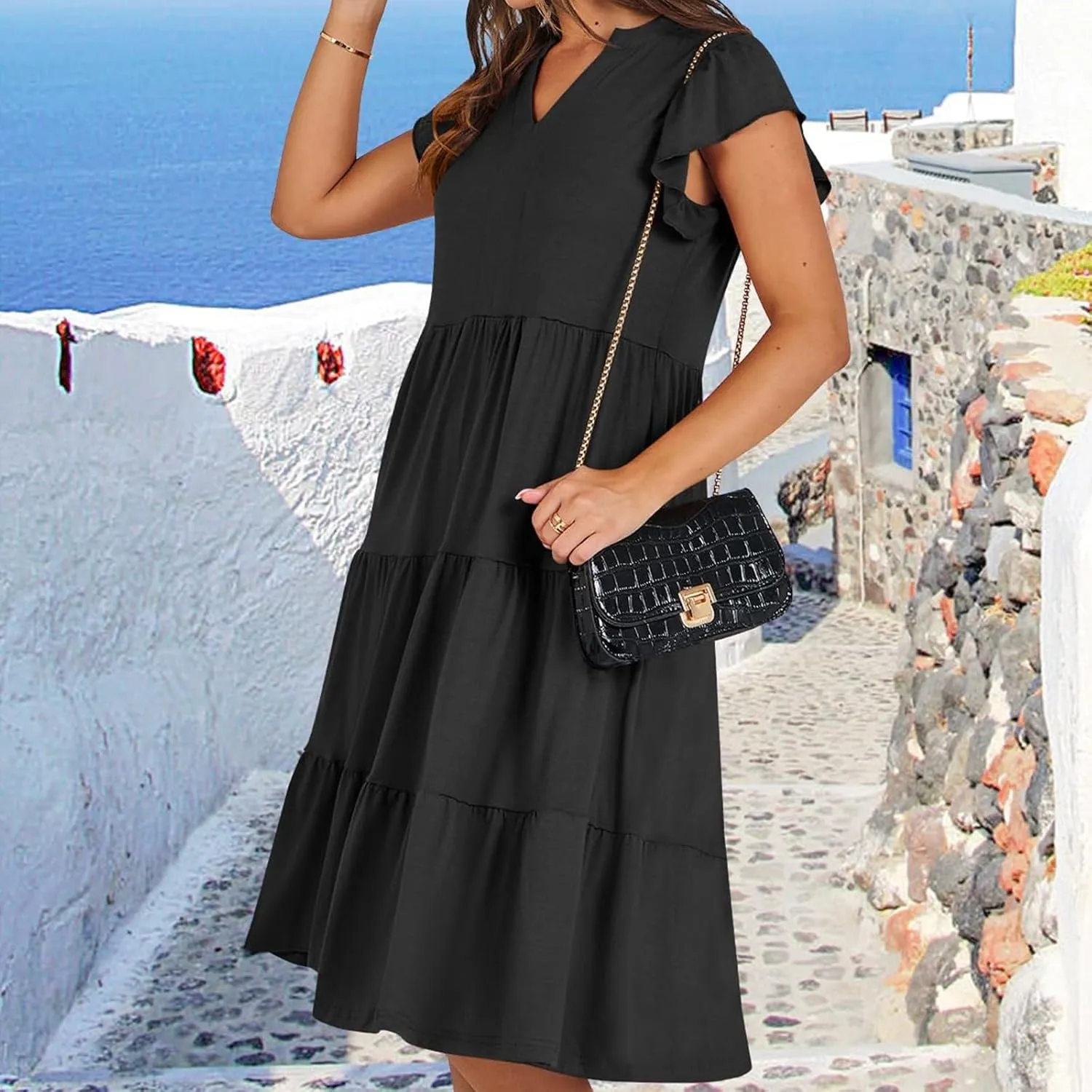 Summer Dresses for Women 2025 Ruffle Sleeve V-Neck Layered A-Line Midi Wedding Guest Boho Beach Vacation Sundresses