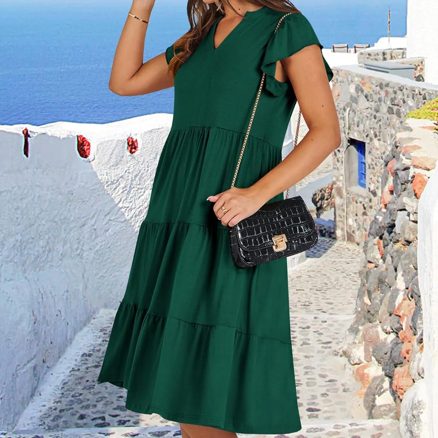 Summer Dresses for Women 2025 Ruffle Sleeve V-Neck Layered A-Line Midi Wedding Guest Boho Beach Vacation Sundresses