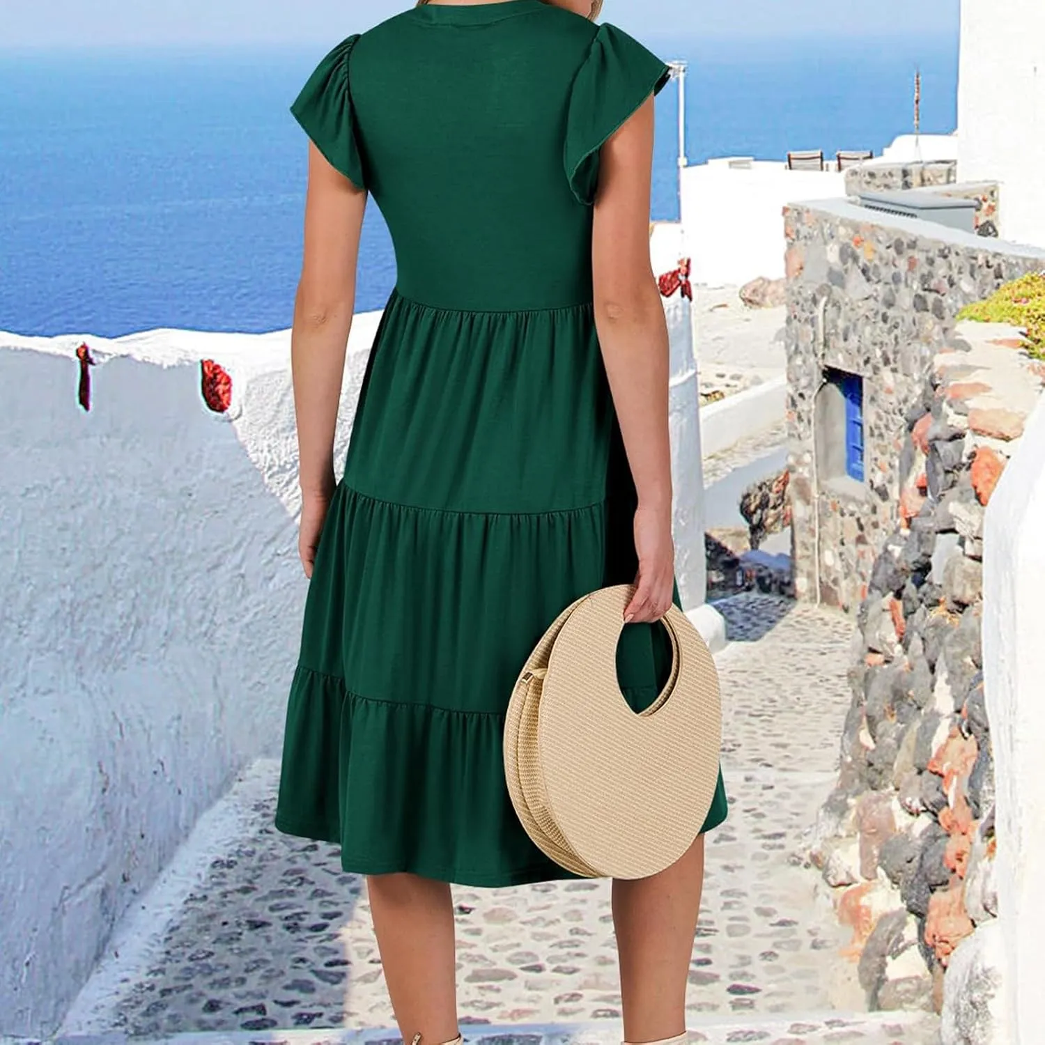 Summer Dresses for Women 2025 Ruffle Sleeve V-Neck Layered A-Line Midi Wedding Guest Boho Beach Vacation Sundresses