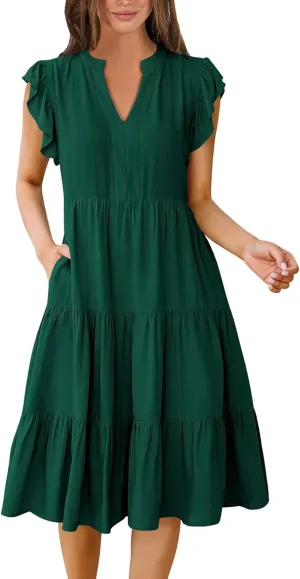 Summer Dresses for Women 2025 Ruffle Sleeve V-Neck Layered A-Line Midi Wedding Guest Boho Beach Vacation Sundresses