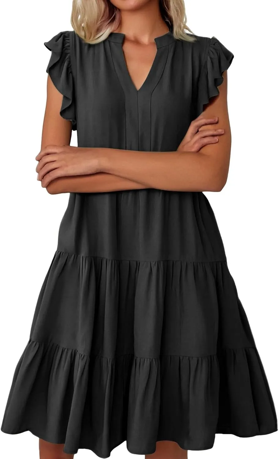 Summer Dresses for Women 2025 Ruffle Sleeve V-Neck Layered A-Line Midi Wedding Guest Boho Beach Vacation Sundresses