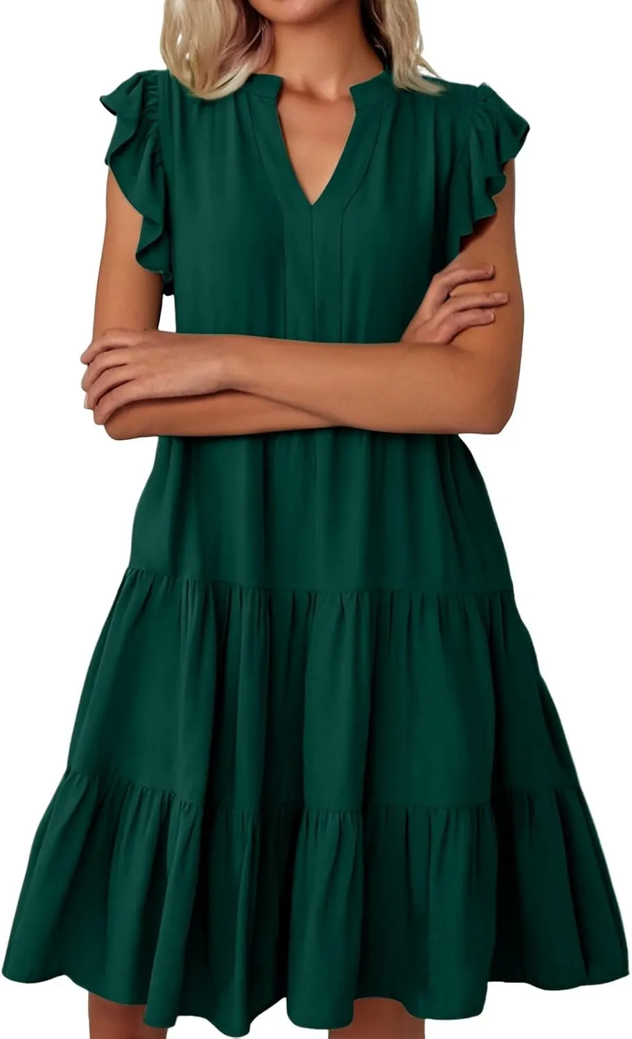 Summer Dresses for Women 2025 Ruffle Sleeve V-Neck Layered A-Line Midi Wedding Guest Boho Beach Vacation Sundresses