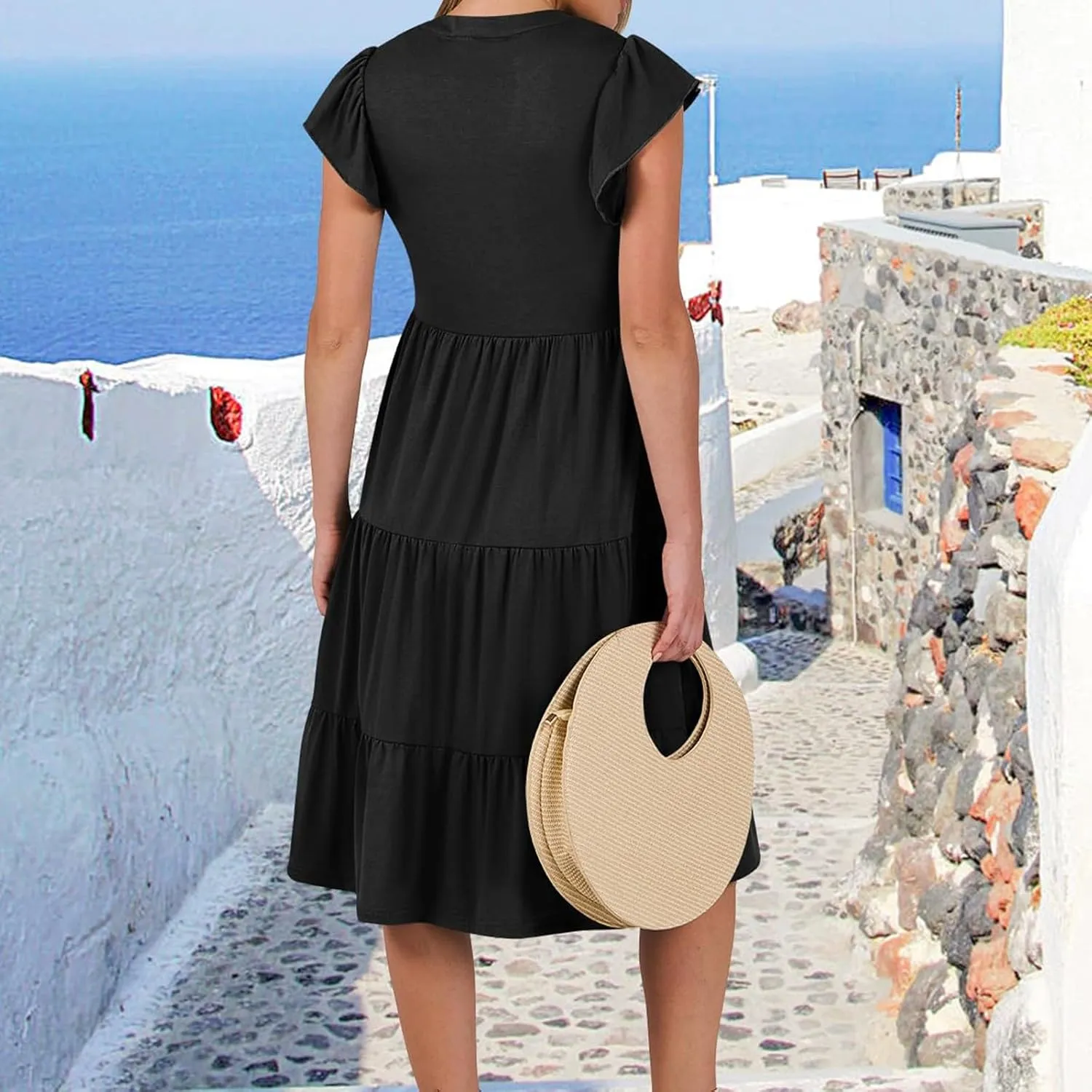 Summer Dresses for Women 2025 Ruffle Sleeve V-Neck Layered A-Line Midi Wedding Guest Boho Beach Vacation Sundresses