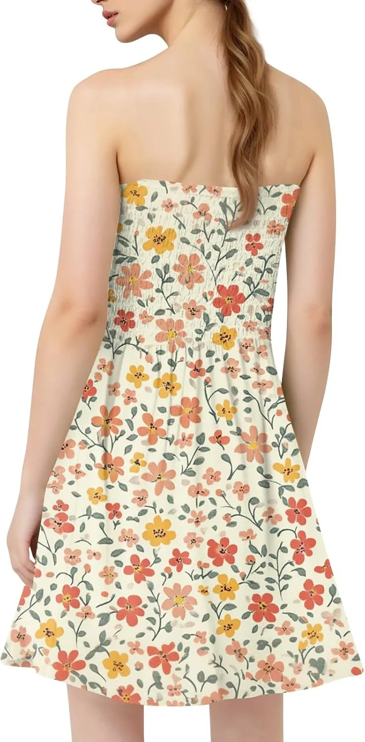 Summer Dresses for Women 2025 Strapless Floral Tube Dress Off shouldes Mini Boho Sundress Smocked Ruffle Sun Dress