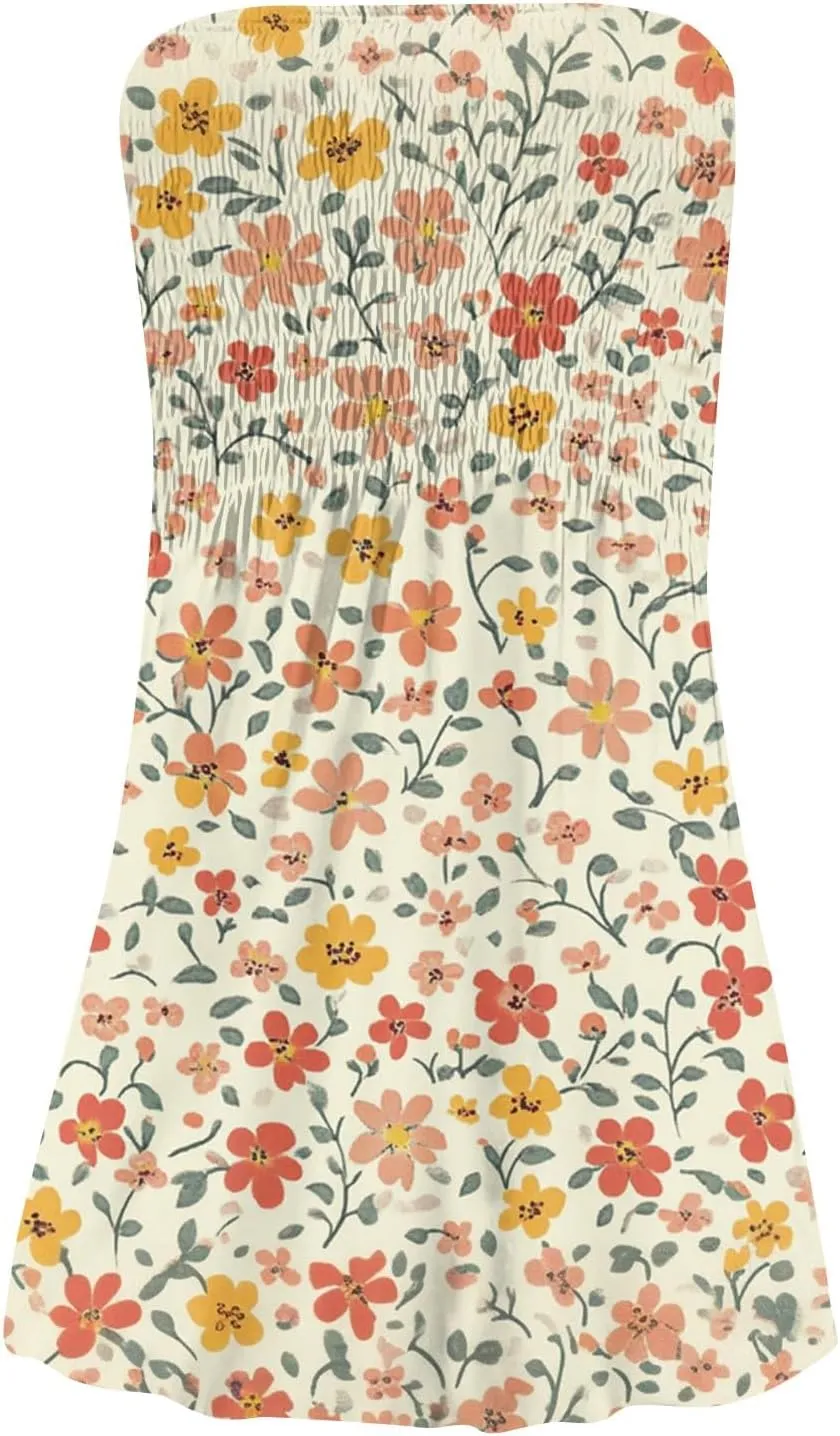 Summer Dresses for Women 2025 Strapless Floral Tube Dress Off shouldes Mini Boho Sundress Smocked Ruffle Sun Dress