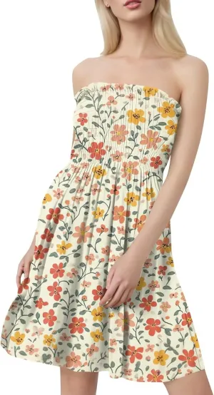 Summer Dresses for Women 2025 Strapless Floral Tube Dress Off shouldes Mini Boho Sundress Smocked Ruffle Sun Dress
