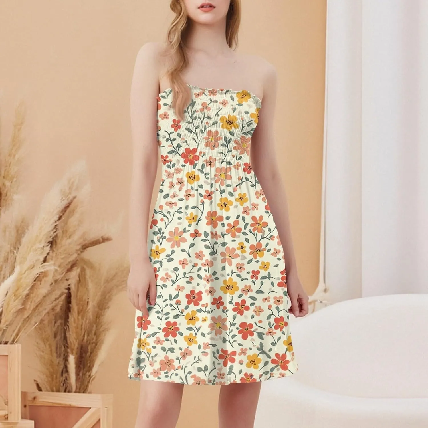 Summer Dresses for Women 2025 Strapless Floral Tube Dress Off shouldes Mini Boho Sundress Smocked Ruffle Sun Dress