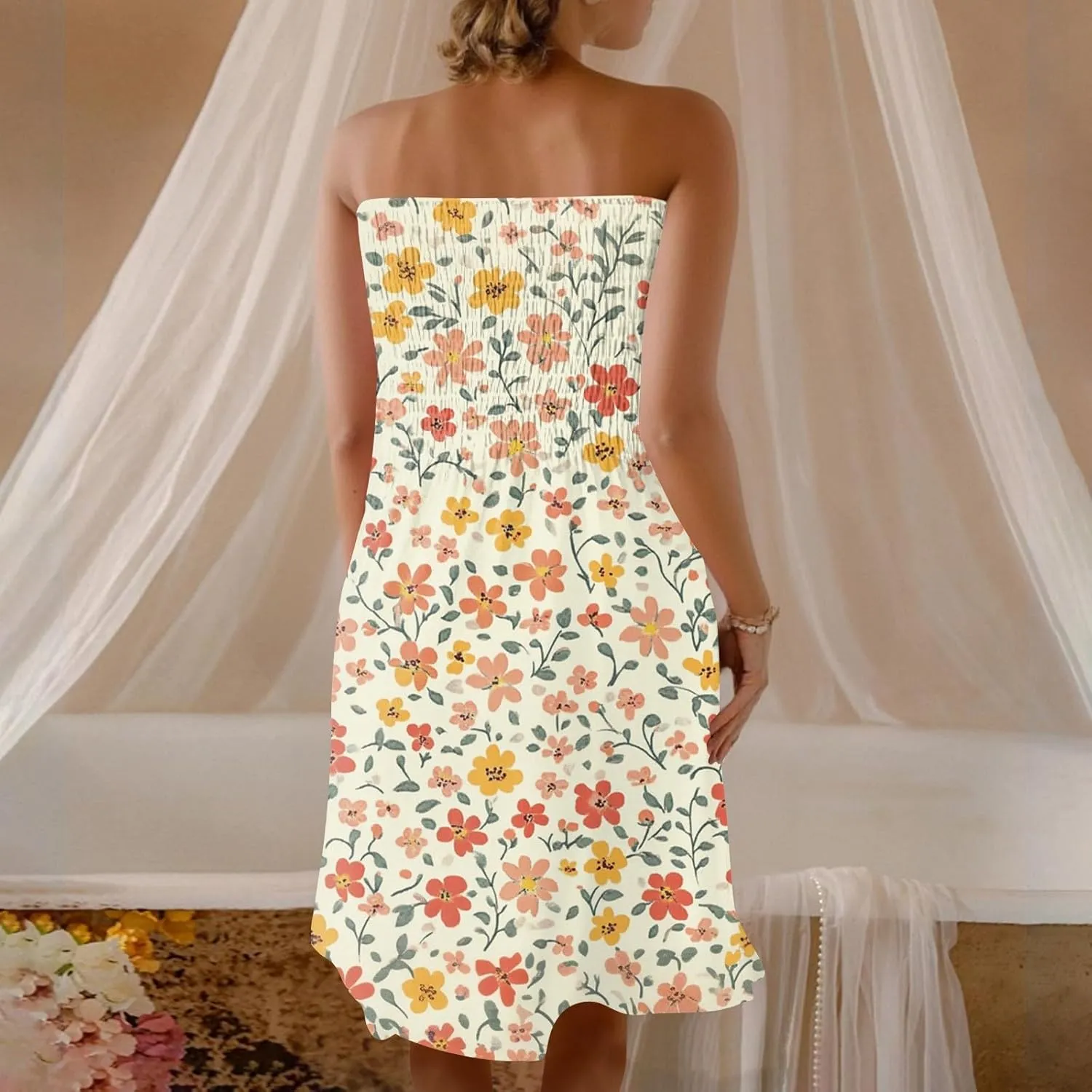 Summer Dresses for Women 2025 Strapless Floral Tube Dress Off shouldes Mini Boho Sundress Smocked Ruffle Sun Dress