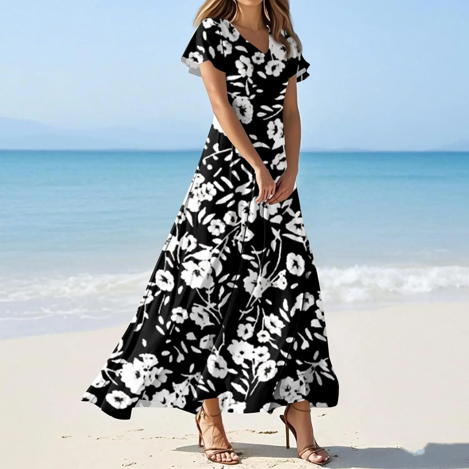 Summer Dresses for Women 2025 V Neck Short Sleeve Empire Waist Floral Garden Party Dress Beach Boho Maxi Sundress