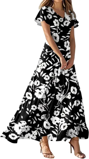Summer Dresses for Women 2025 V Neck Short Sleeve Empire Waist Floral Garden Party Dress Beach Boho Maxi Sundress
