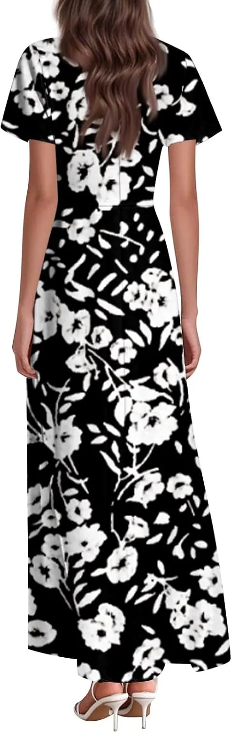 Summer Dresses for Women 2025 V Neck Short Sleeve Empire Waist Floral Garden Party Dress Beach Boho Maxi Sundress