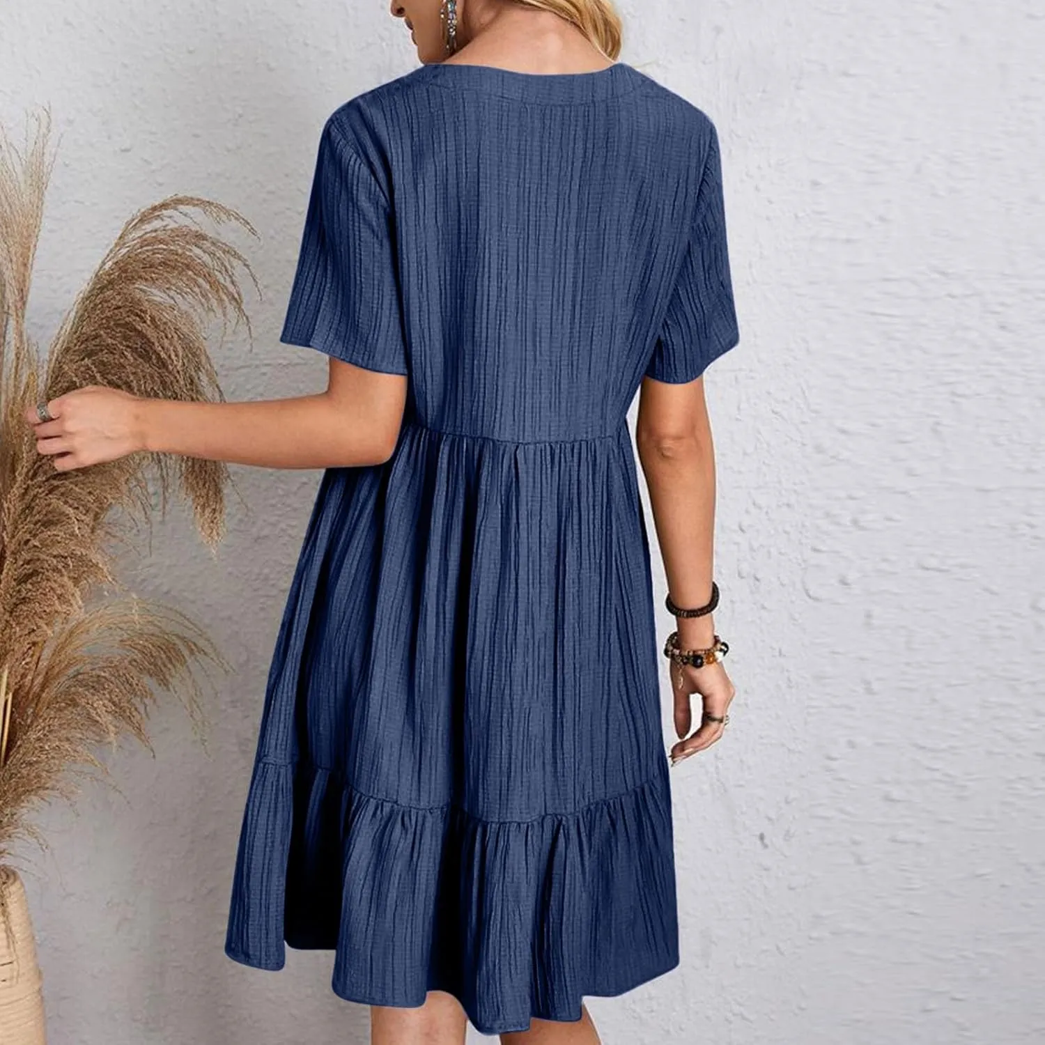 Summer Dresses for Women 2025 Vacation Short Sleeve v Neck Mini T Shirt Dress Pleated Ruffle Flowy Beach Sundresses