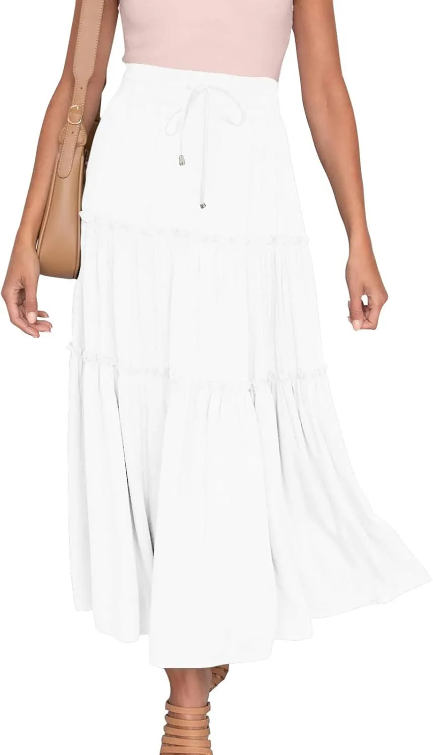 Summer Dresses for Women 2025 Vacation Womens Solid Elastic Long Skirts High Waist Pleated A Line Tiered Maxi Skirt