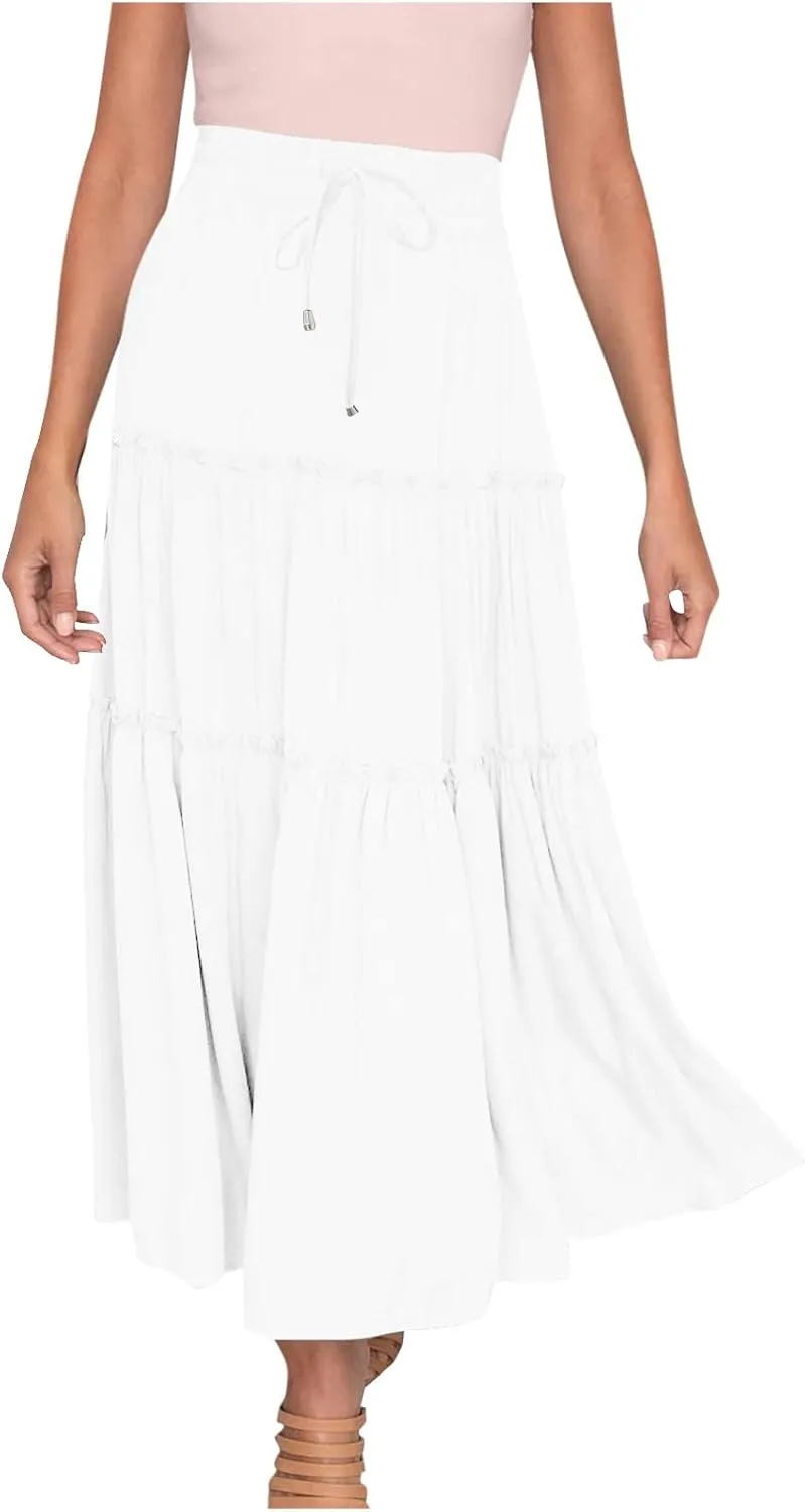 Summer Dresses for Women 2025 Vacation Womens Solid Elastic Long Skirts High Waist Pleated A Line Tiered Maxi Skirt