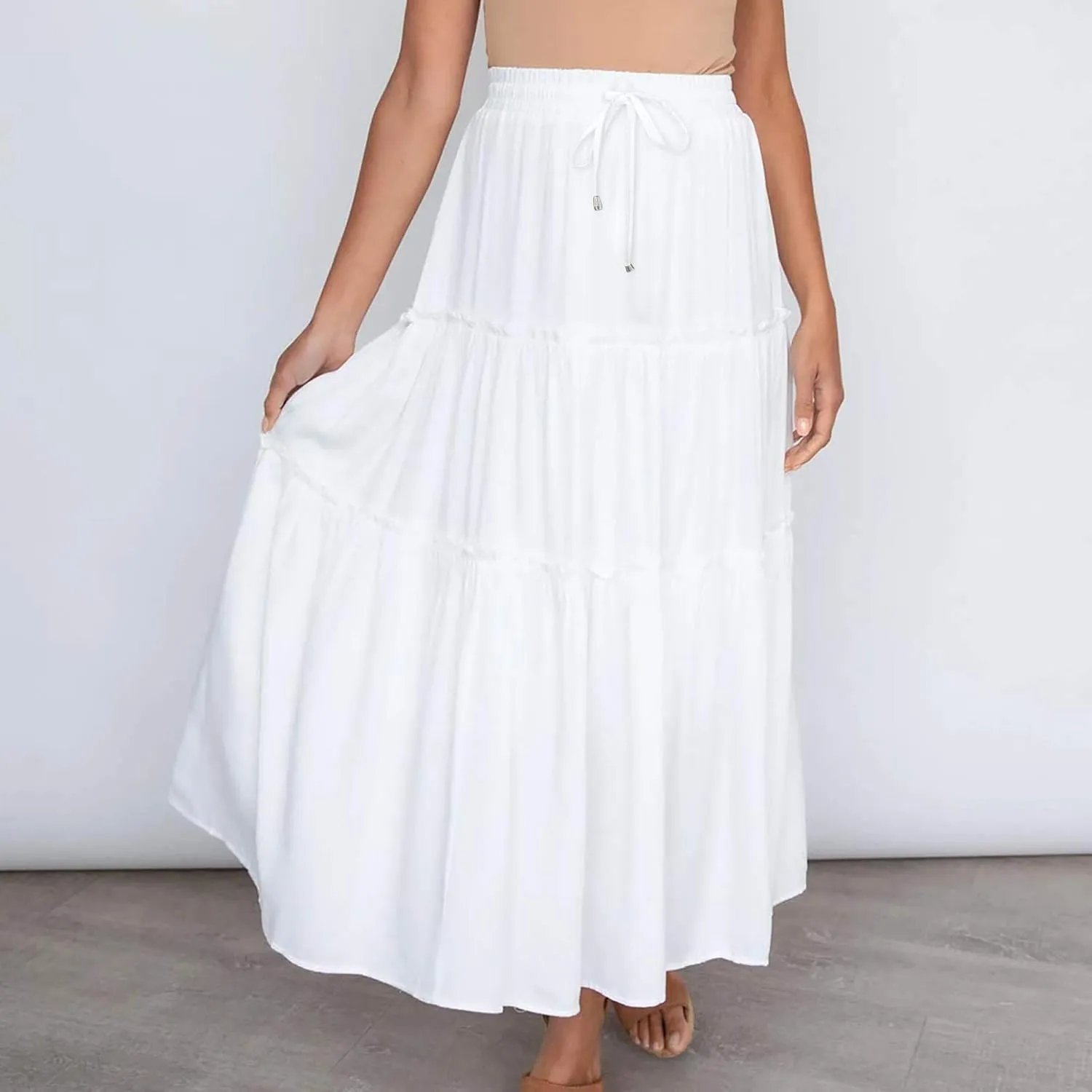 Summer Dresses for Women 2025 Vacation Womens Solid Elastic Long Skirts High Waist Pleated A Line Tiered Maxi Skirt