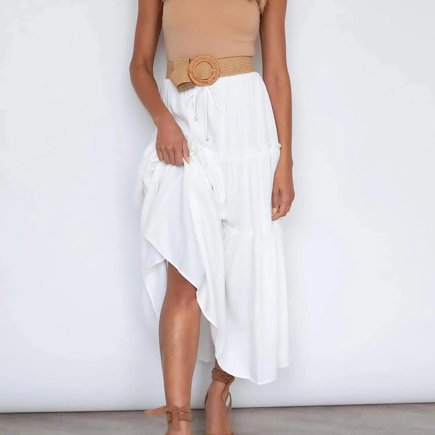 Summer Dresses for Women 2025 Vacation Womens Solid Elastic Long Skirts High Waist Pleated A Line Tiered Maxi Skirt
